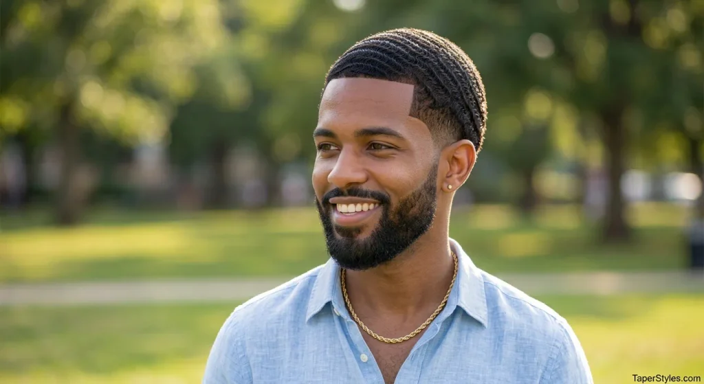 Mid Taper Fade for Black Male: 22 Best Styles for 2026 16 Black man with 360 waves and crisp faded sides