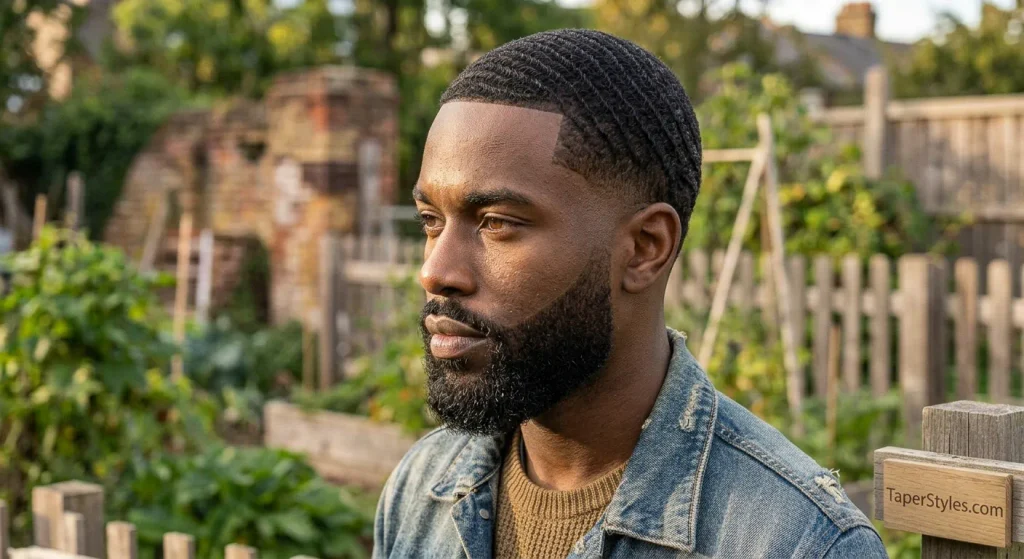 Mid Taper Fade for Black Male: 22 Best Styles for 2026 23 360 waves hairstyle with a full beard and clean tapered sides