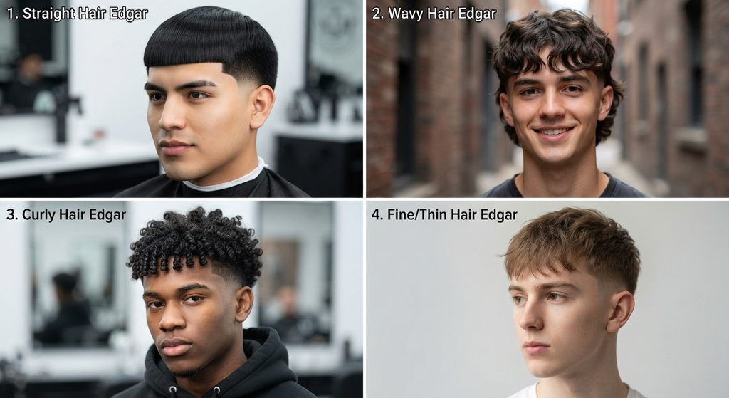 Edgar haircut styles for different hair types, including straight, wavy, curly, and thick hair.