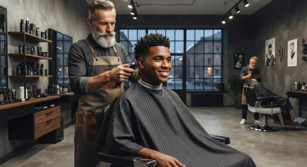 Burst fade haircut curving around the ear with length left at the nape