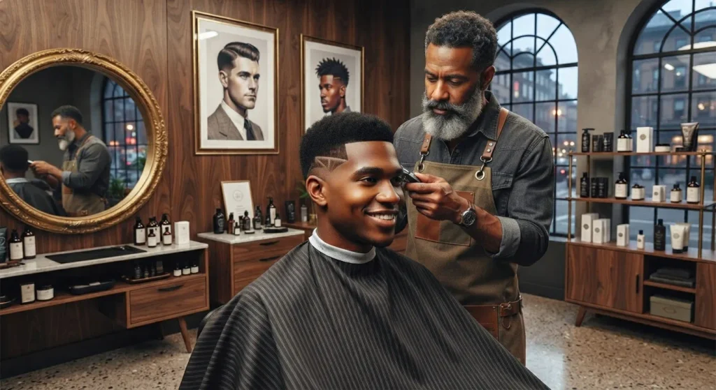 Burst taper fade haircut with a soft blend shaped around the ear
