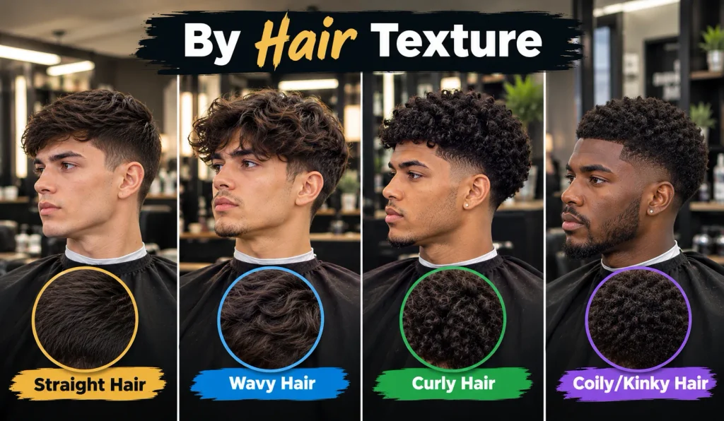 Mid Taper Fade Buzz Cut: A Barber-Ready Guide 2026. 7 Four men showing straight, wavy, curly, and coily hair textures.