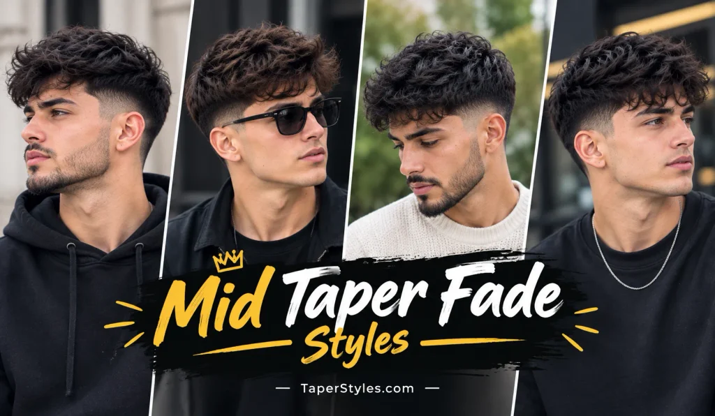 Mid Taper Fade Guide: Styles & Face Shapes (2026) 3 Four men showcasing different Mid Taper Fade hairstyles with textured hair, paired with the title “Mid Taper Fade Styles” and small TaperStyles.com branding.