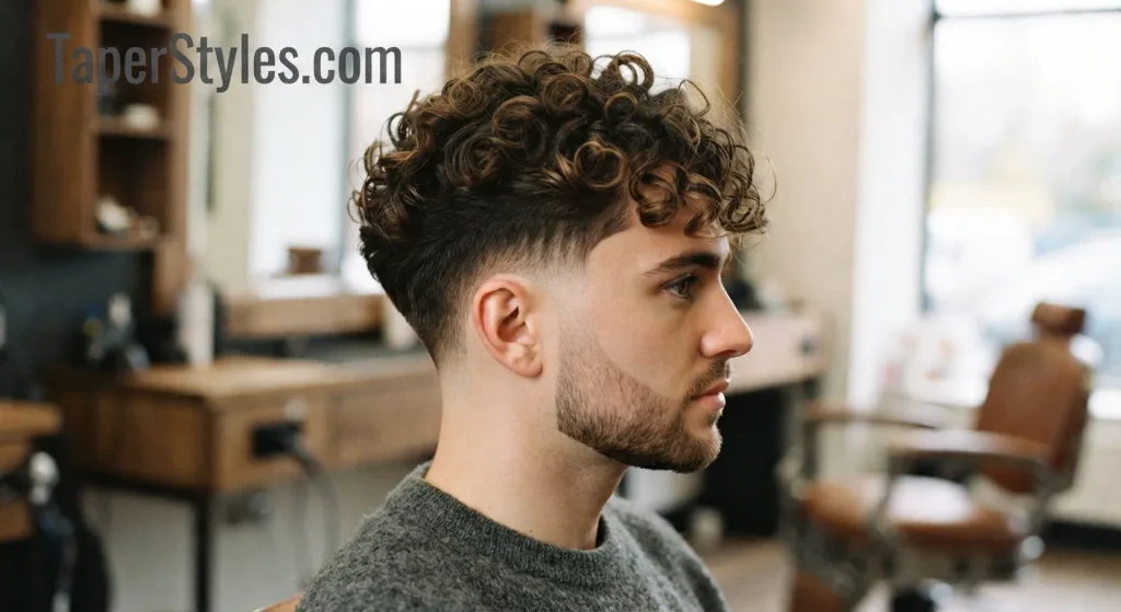 Classic mid taper fade with natural curls on a men’s haircut.