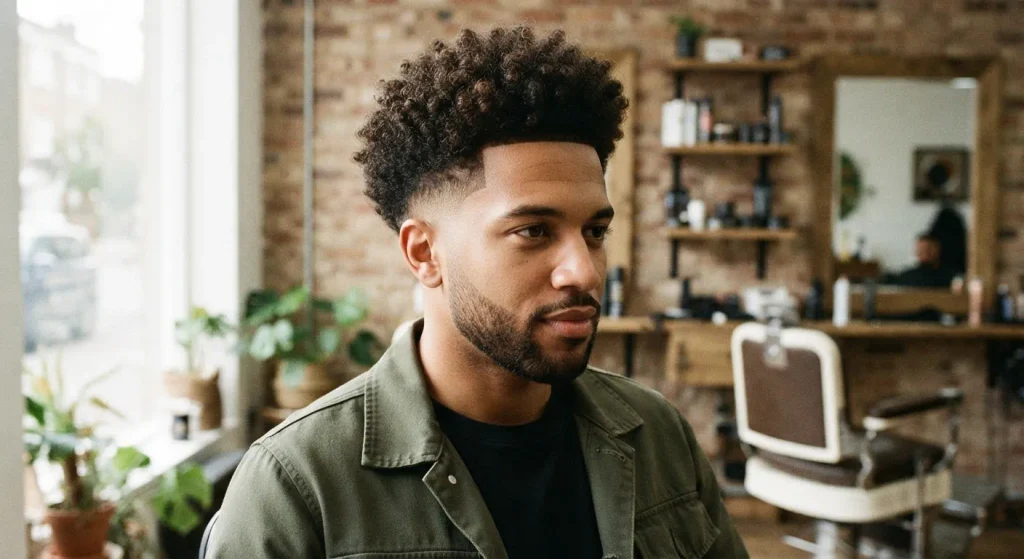 Coily hair with a low fade and defined natural texture.