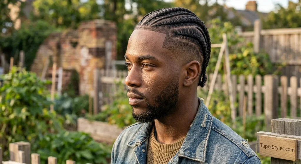 Mid Taper Fade for Black Male: 22 Best Styles for 2026 22 Cornrows hairstyle transitioning into a clean mid fade haircut