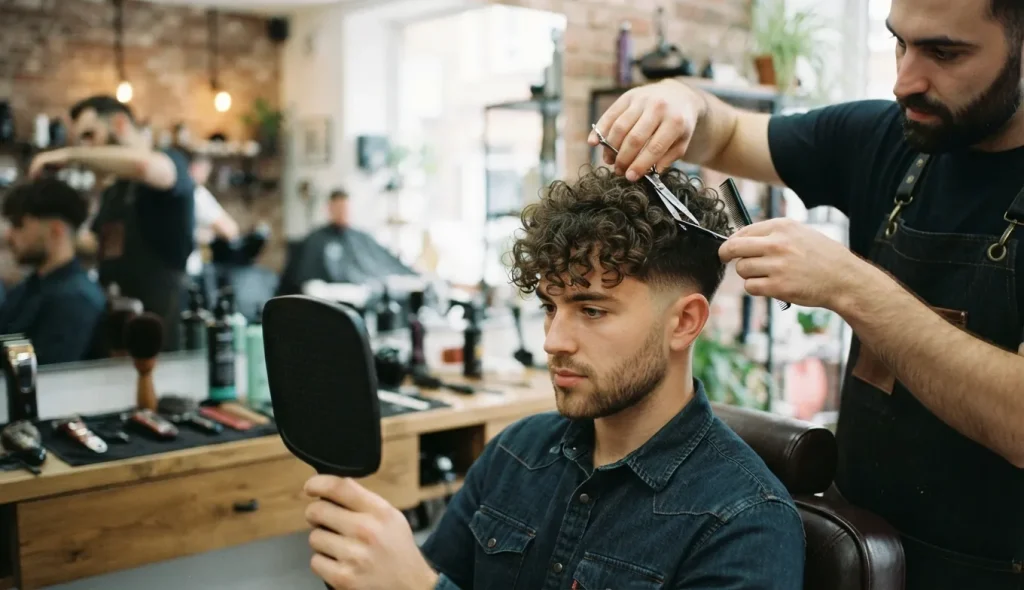 Man with a curly textured fringe cut on dry hair