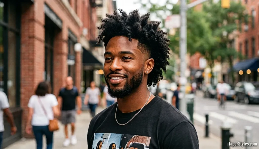 Mid Taper Fade for Black Male: 22 Best Styles for 2026 12 Black man with a curly frohawk and clean fade haircut in a modern barbershop