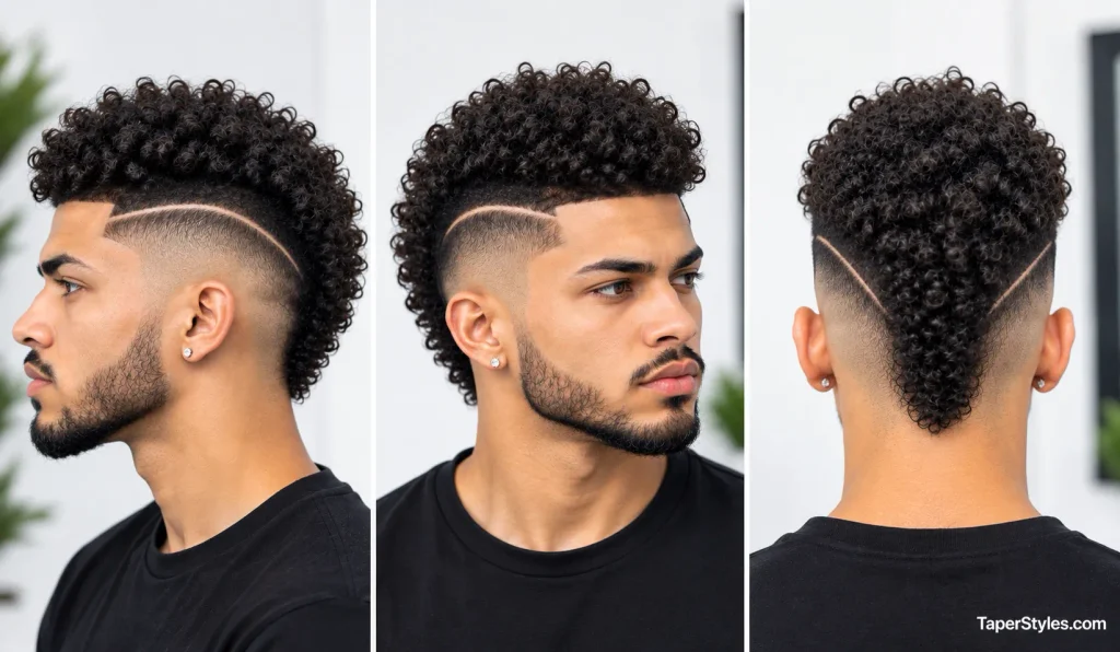 Mid Taper Fade for Black Male: 22 Best Styles for 2026 17 Black man with a curly frohawk and sharp razor line