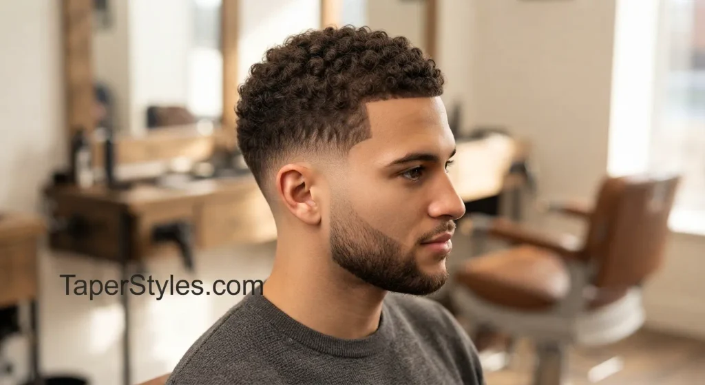 Curly buzz cut with a clean mid taper fade on the sides.
