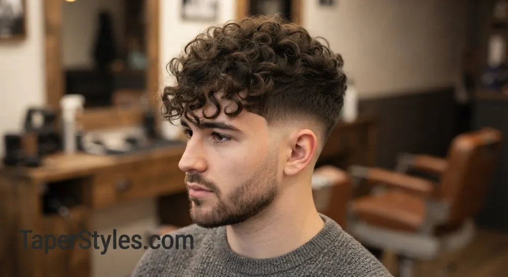 Curly fringe with a clean mid taper fade on the sides and neckline.
