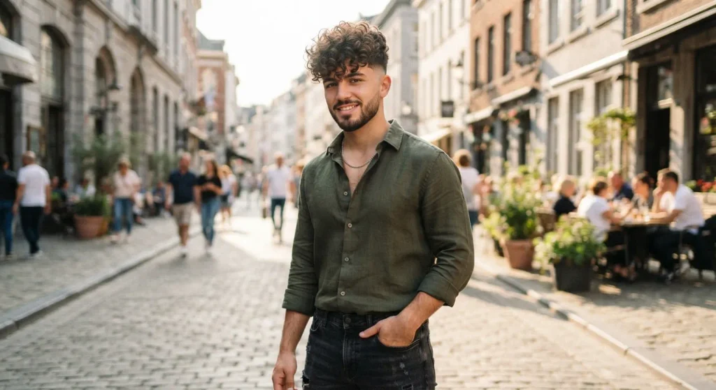 Curly hair with a low fade and defined textured curls.