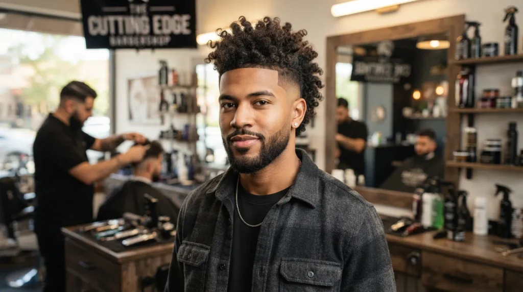 Curly mohawk with a clean mid taper fade on the sides and neckline.