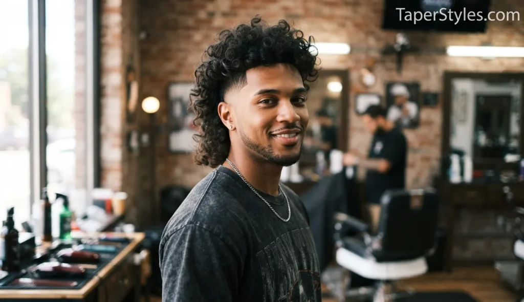 Curly mullet with a clean mid taper fade on the sides and neckline.