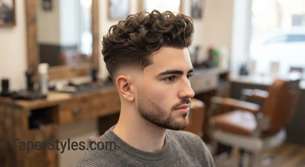 Curly quiff with mid taper