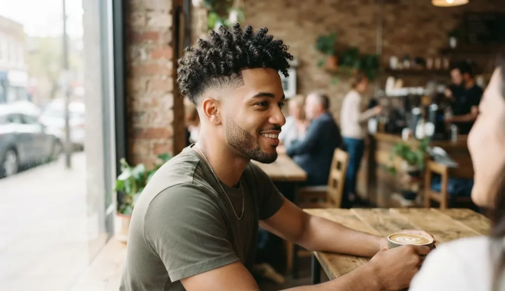 Curly top haircut with a low fade and defined curls.