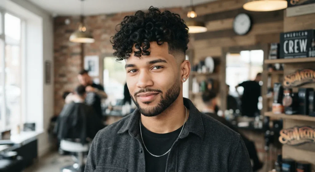 Curly undercut with a clean mid taper fade around the sides and neckline.