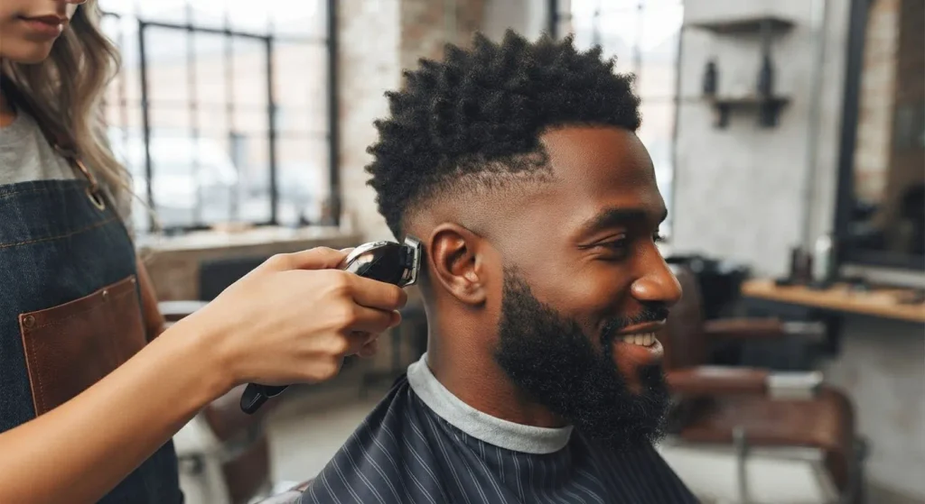 Drop fade haircut with the fade line curving down behind the ear
