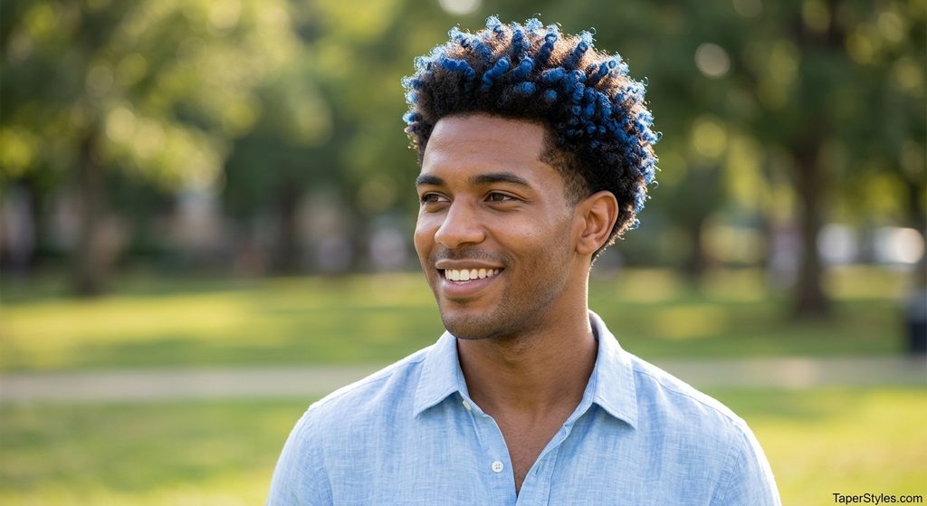 Mid Taper Fade for Black Male: 22 Best Styles for 2026 15 Black man with a textured haircut featuring dyed tips and a clean fade