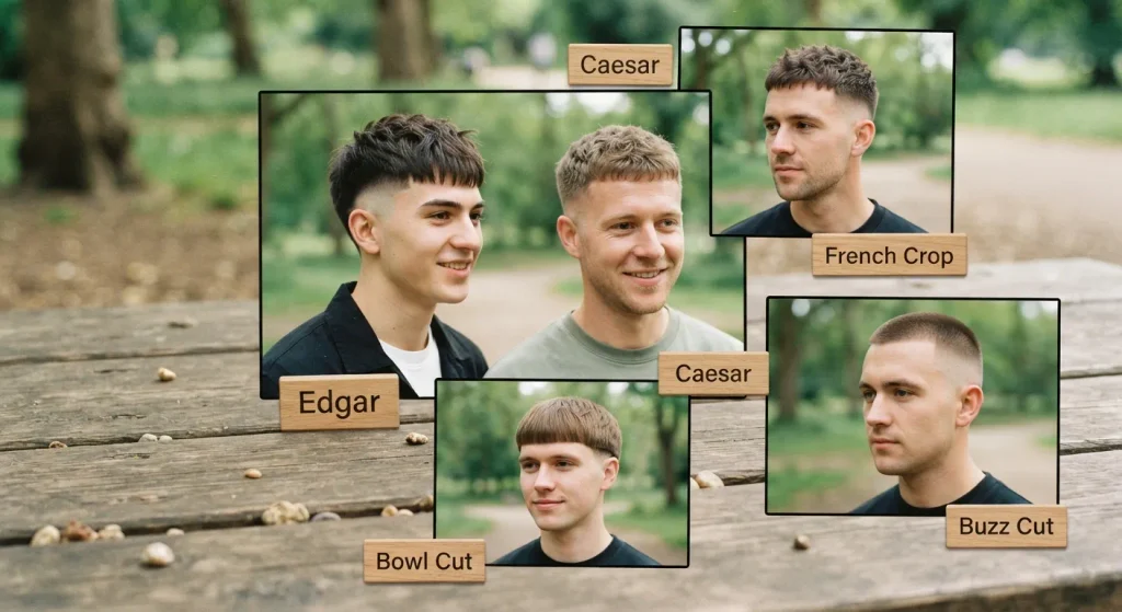 Comparison of Edgar, Caesar, French crop, bowl cut, and buzz cut hairstyles.