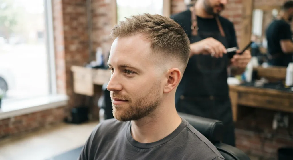 Fine or thinning hair with a low fade and textured top.