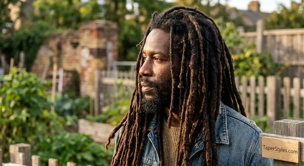 Mid Taper Fade for Black Male: 22 Best Styles for 2026 21 Freeform locs hairstyle with natural textured dreadlocks