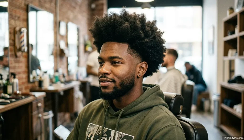 Mid Taper Fade for Black Male: 22 Best Styles for 2026 13 Black man with a full afro hairstyle over a clean mid fade