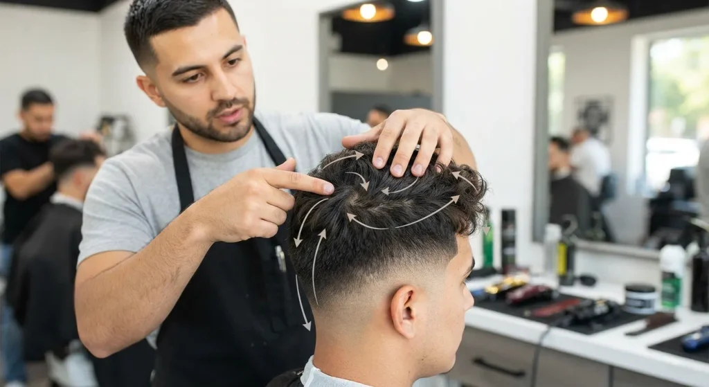 Low Taper Fade Curly Hair: Styles, Tips & Barber Guide 2026 6 Hair growth direction showing the natural way curls grow and lay.
