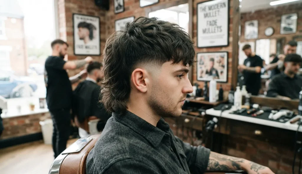 Man discussing a modern mullet haircut with a barber