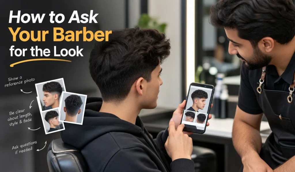 Man asking barber for a textured warrior cut