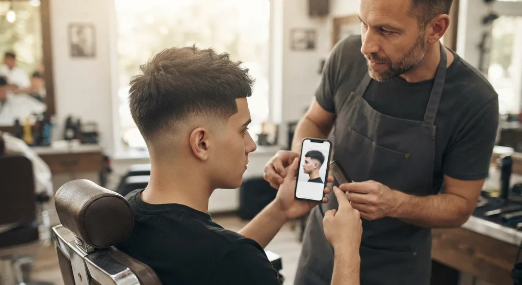 Man explaining an Edgar haircut style to a barber in a barbershop.