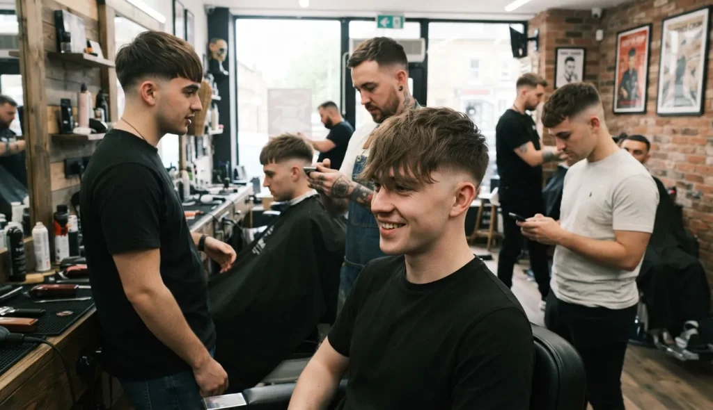 Man with a long textured fringe and faded sides