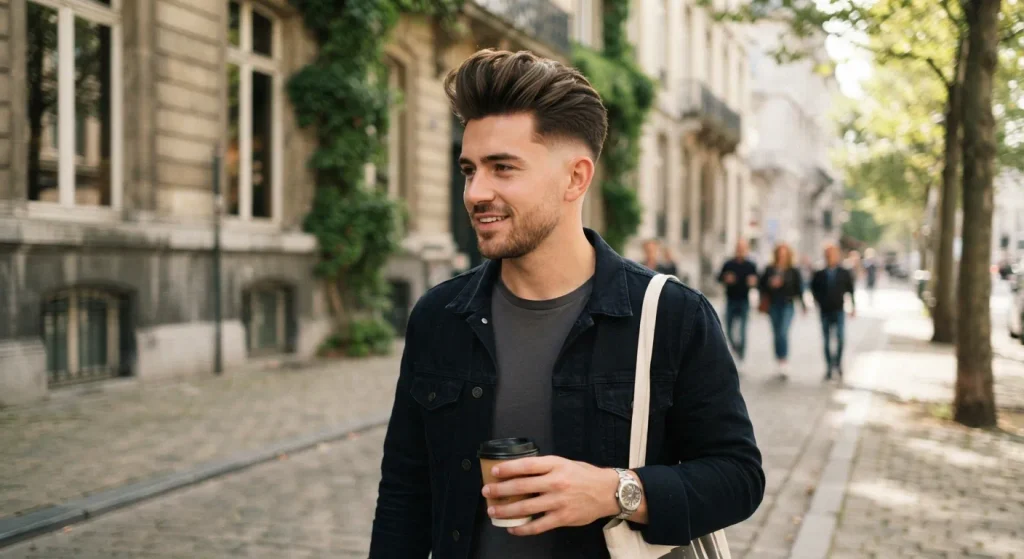 Long-on-top haircut with a low fade and textured styling.