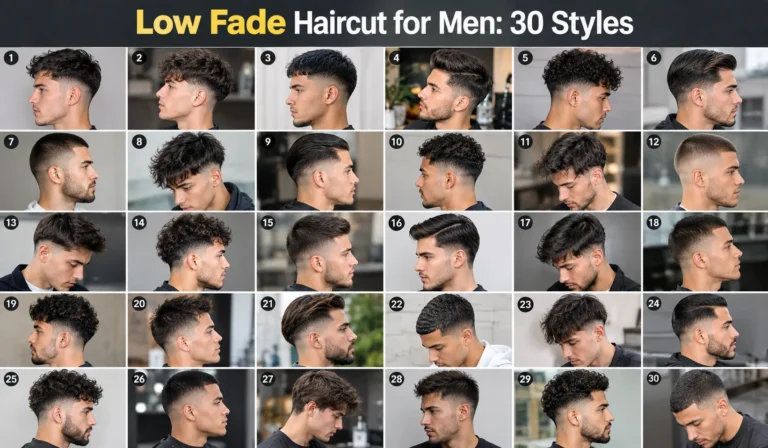 Low Fade Haircut for Men: 30 Styles, a Barber Script and Care Tips 11 Low fade haircut for men featuring 30 different modern hairstyles in a numbered collage.