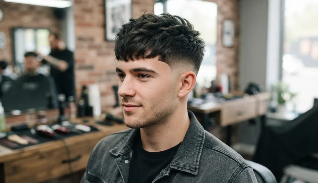 Man with a low fade haircut and rounded temples with textured fringe