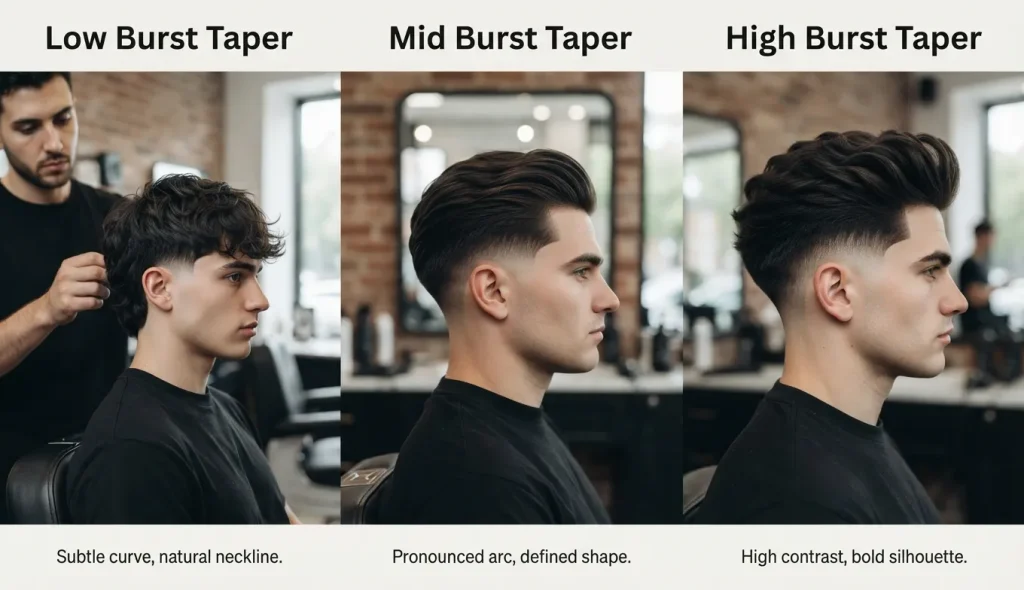 Burst Taper Fade: Styles, Cost & What to Ask Barber 4 Low mid and high burst fade variations showing different fade heights around the ear