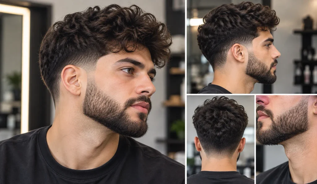 Low taper haircut blended into a neatly shaped beard and sideburns.