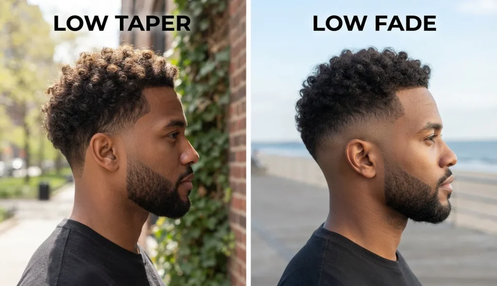Low taper and low fade haircuts showing the difference in blend height and side coverage.