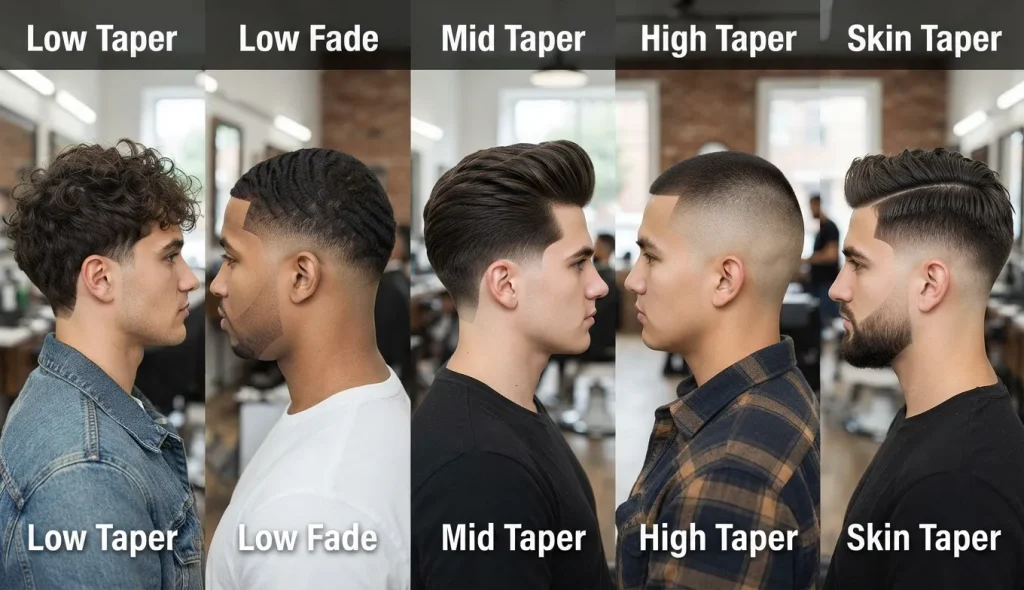 Comparison of low taper, low fade, mid taper, high taper, and skin taper haircuts.