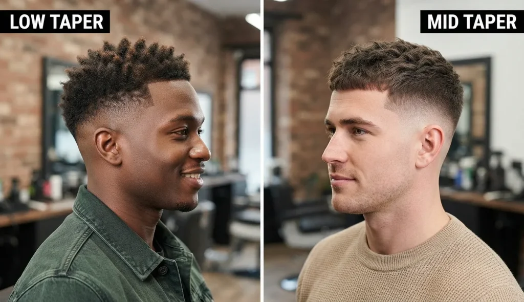 Low taper and mid taper haircuts showing the difference in taper height and side length.