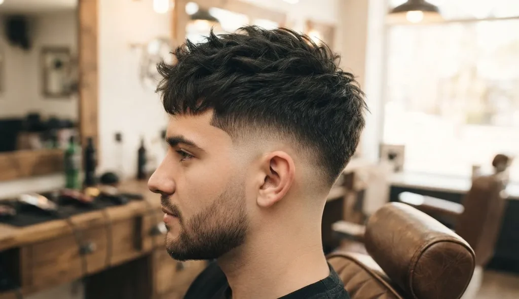 Low burst fade haircut for men with a curved fade around the ears.