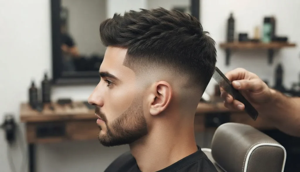 Low drop fade haircut for men with a clean curved fade.