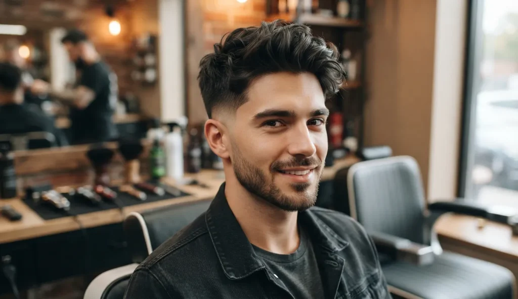Low taper fade haircut for men shown from side, front, back, and close-up views with a clean gradual taper around the ears and neckline.