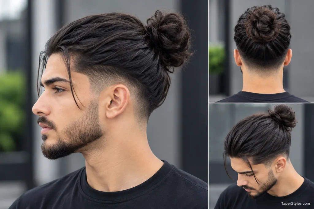 Mid Taper Fade for Black Male: 22 Best Styles for 2026 19 Man bun hairstyle with long hair tied neatly at the back
