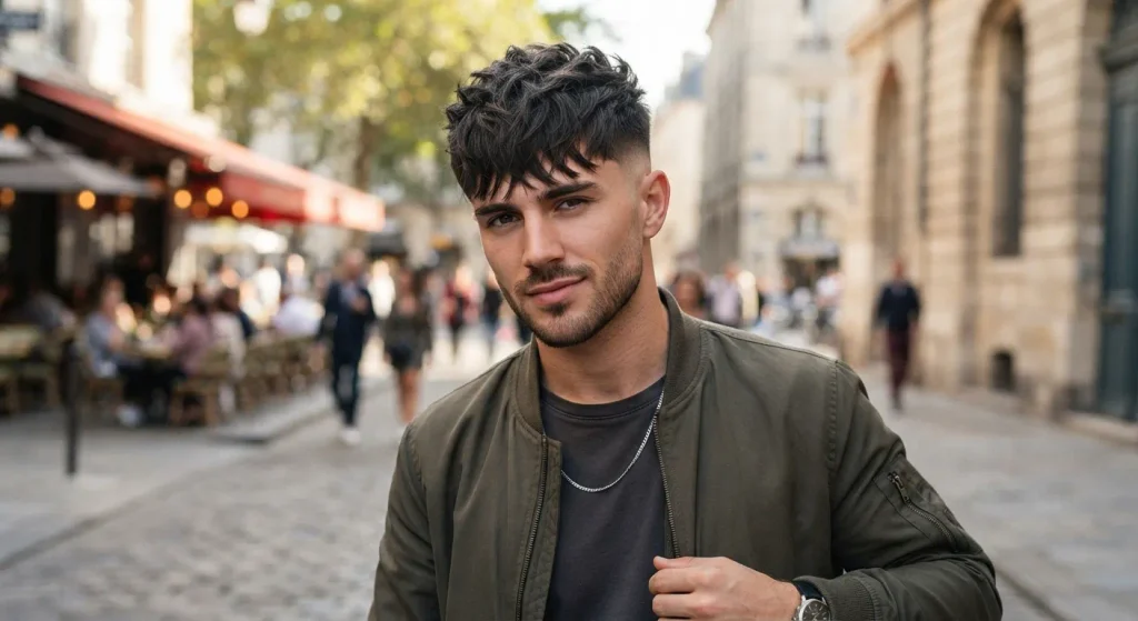 Man with a textured fringe haircut, point-cut front and tapered sides