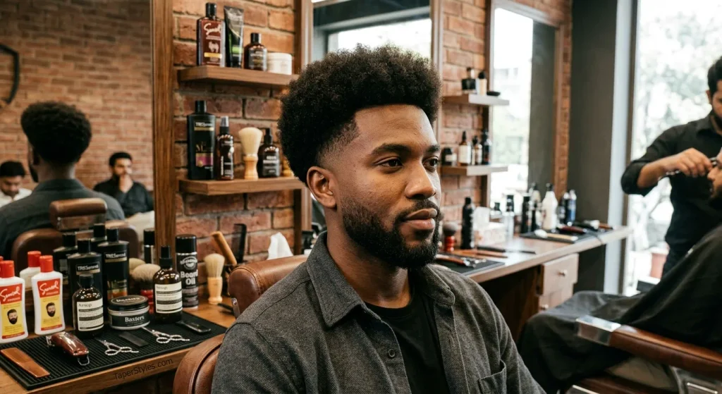 Mid Taper Fade Guide: Styles & Face Shapes (2026) 11 **Alt text:**
A young man showcasing a **Mid Taper Afro** hairstyle, featuring a full textured afro on top with clean mid-tapered sides and back for a sharp, modern finish.