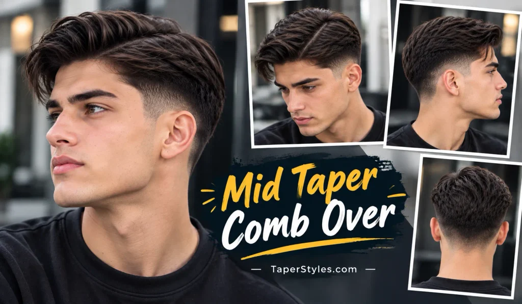 Mid Taper Fade Guide: Styles & Face Shapes (2026) 6 **Alt text:**
A young man showcasing a **Mid Taper Comb Over** hairstyle with neatly styled, voluminous hair swept to the side and clean tapered sides, shown from multiple angles with **TaperStyles.com** branding.