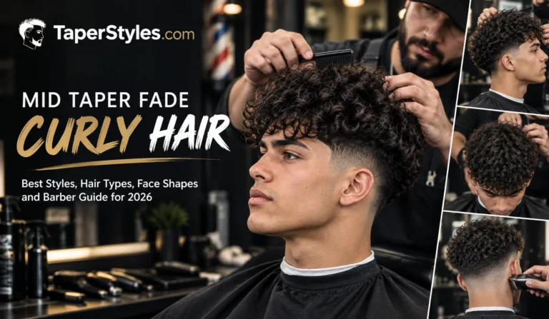 Mid Taper Fade Curly Hair: Style, Cost, and Care Guide 17 Mid taper fade curly hair being styled by a barber in a modern barbershop