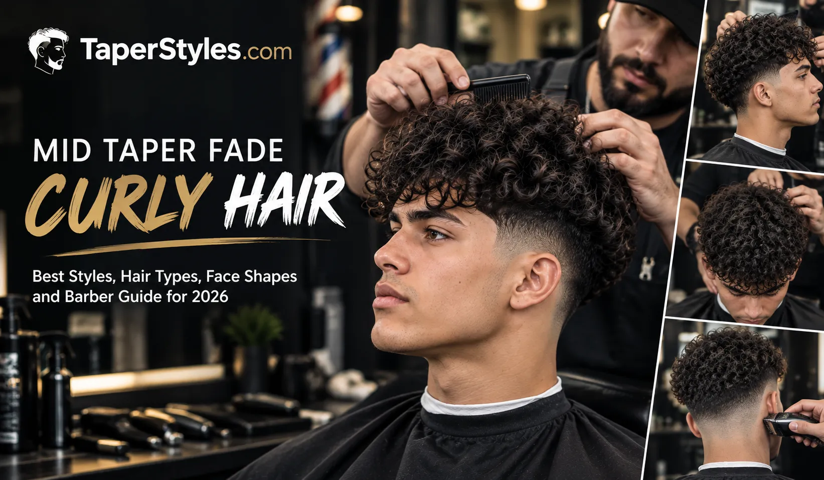 Mid taper fade curly hair being styled by a barber in a modern barbershop