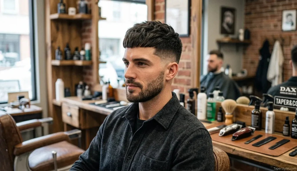 Mid Taper Fade Guide: Styles & Face Shapes (2026) 9 **Alt text:**
A young man showcasing a **Mid Taper French Crop** hairstyle, featuring a short textured crop with a neat fringe at the front and clean mid-tapered sides for a sharp, modern look.